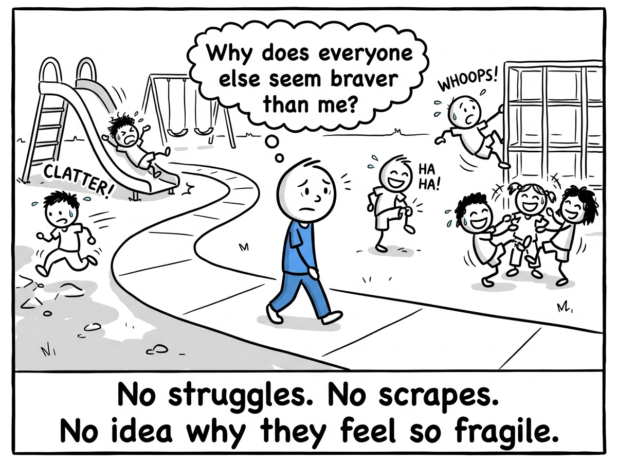 The child walking through the playground on a perfectly smooth path. Every other kid is struggling, falling, getting back up, and laughing. This child walks easily through it all but looks oddly uneasy. A thought bubble reads 'Why does everyone else seem braver than me?'