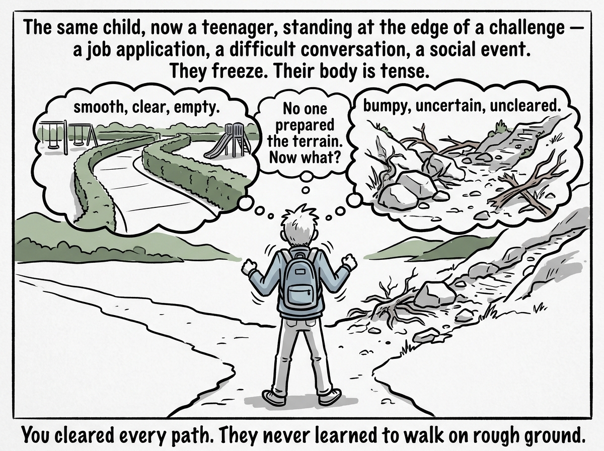 The same child, now a teenager, standing at the edge of a challenge — a job application, a difficult conversation, a social event. They freeze. Their body is tense. A thought bubble shows the playground path: smooth, clear, empty. Then the real world: bumpy, uncertain, uncleared. Text reads 'No one prepared the terrain. Now what?'