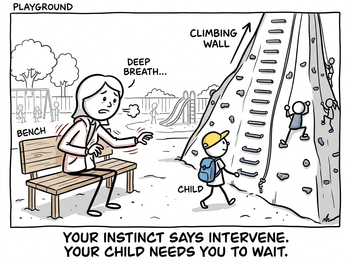 A parent watching their child approach a tall climbing wall at the playground. Their hands twitch toward the child but they take a breath and stay on the bench