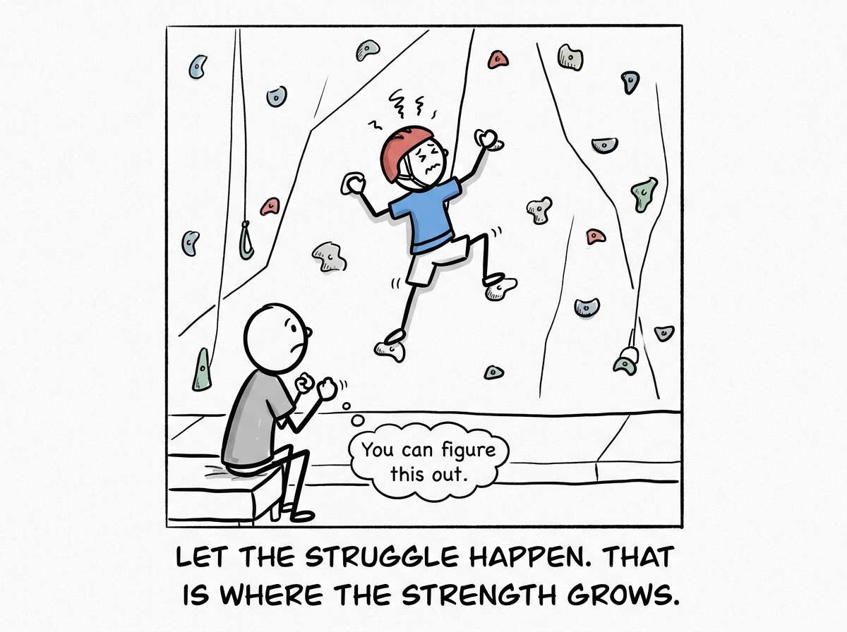 The child struggling halfway up the climbing wall, looking frustrated. The parent watches with clenched fists but stays seated, saying quietly 'You can figure this out'