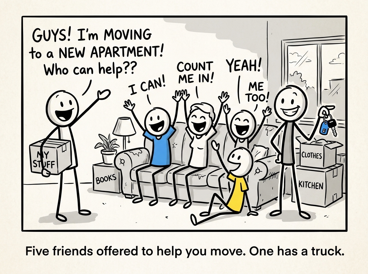 A stick figure announcing they are moving to a new apartment, while five friends eagerly raise their hands and one holds up car keys to a truck
