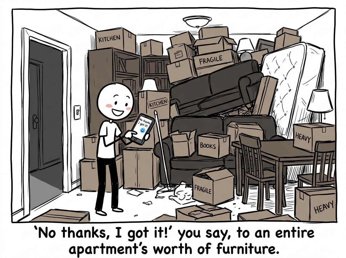 The stick figure cheerfully texting back 'No thanks I got it!' while standing in front of an apartment full of heavy furniture, boxes stacked to the ceiling