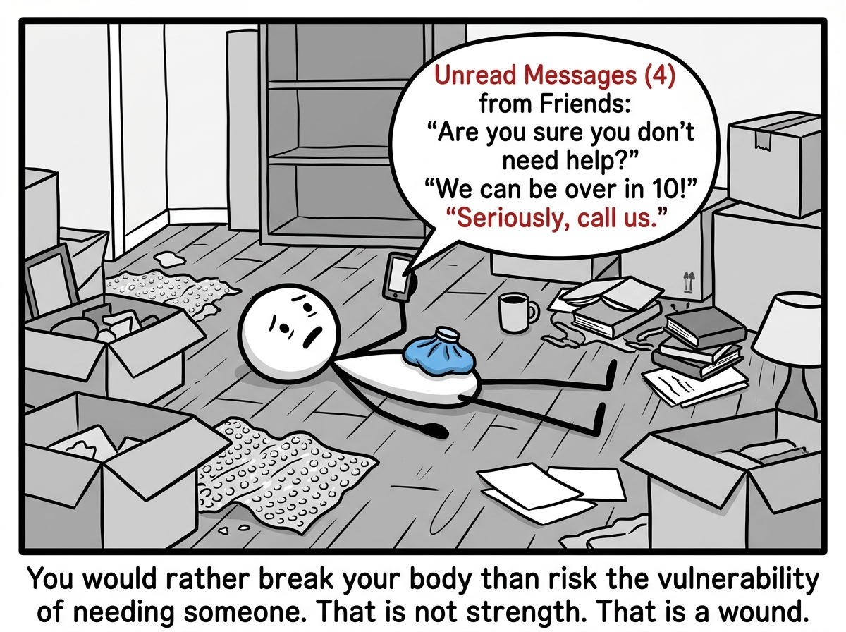 The stick figure lying on the floor of the new apartment surrounded by half-unpacked chaos, icing their back, phone showing unread messages from friends saying 'Are you sure you don't need help?'