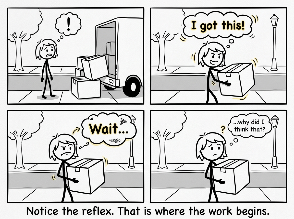 A stick figure staring at a moving truck and noticing the automatic 'I got this' rising, then pausing to question it