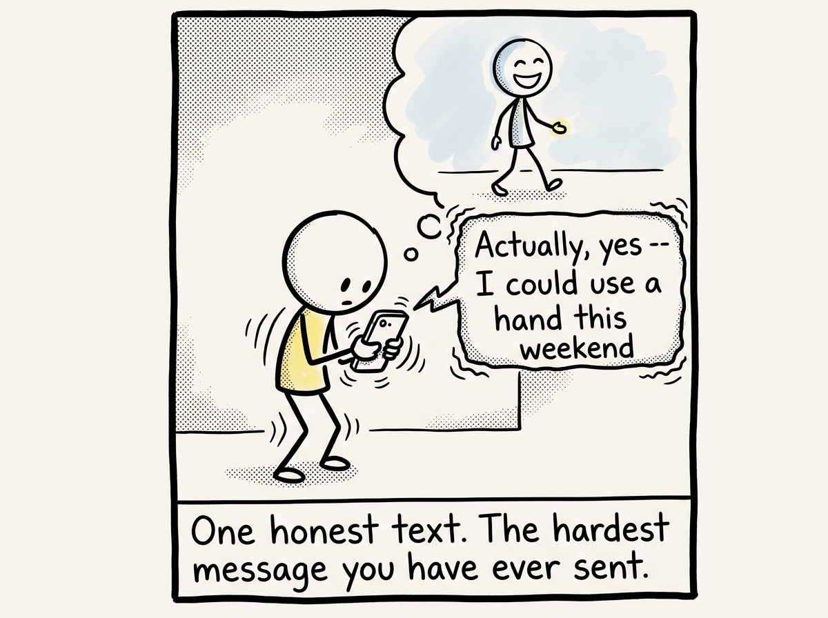 The stick figure texting a friend 'Actually, yes -- I could use a hand this weekend' with shaking hands