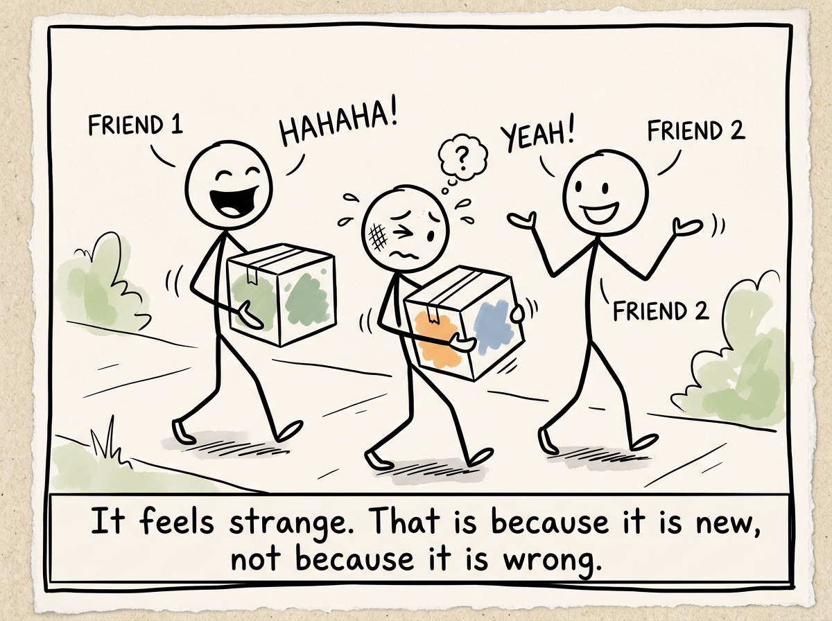 The stick figure and two friends carrying boxes together, laughing, the stick figure visibly uncomfortable but still there