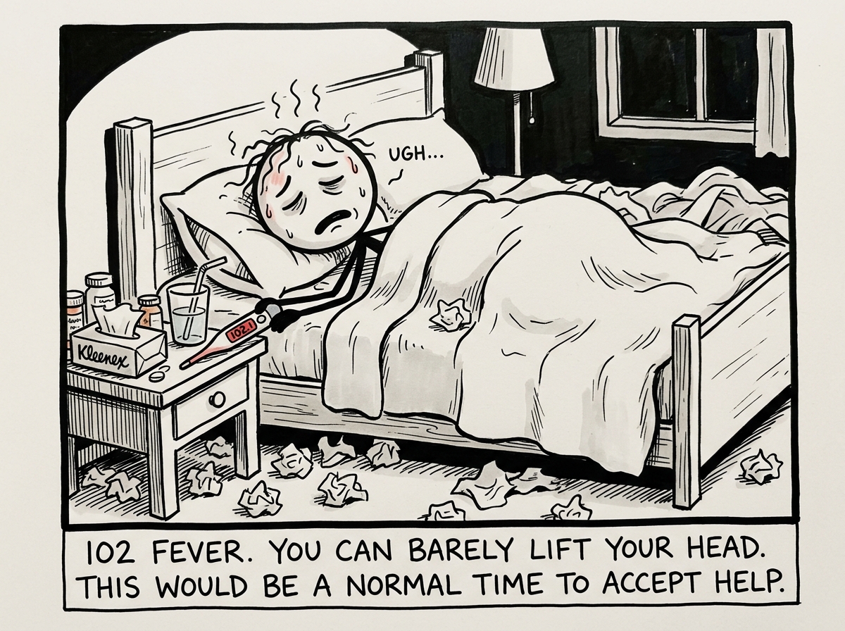 A stick figure in bed with a visible fever, thermometer reading 102, surrounded by used tissues, looking absolutely miserable