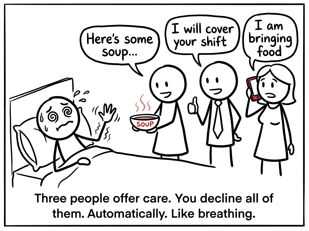 Three people offering help: a partner holding soup, a coworker saying 'I will cover your shift,' and a parent on the phone saying 'I am bringing food' -- the sick stick figure waving all of them away with a shaky hand