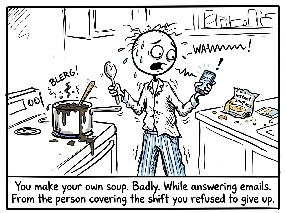 The stick figure standing at the stove in pajamas making their own terrible soup while simultaneously answering work emails on their phone, visibly shaking and sweating