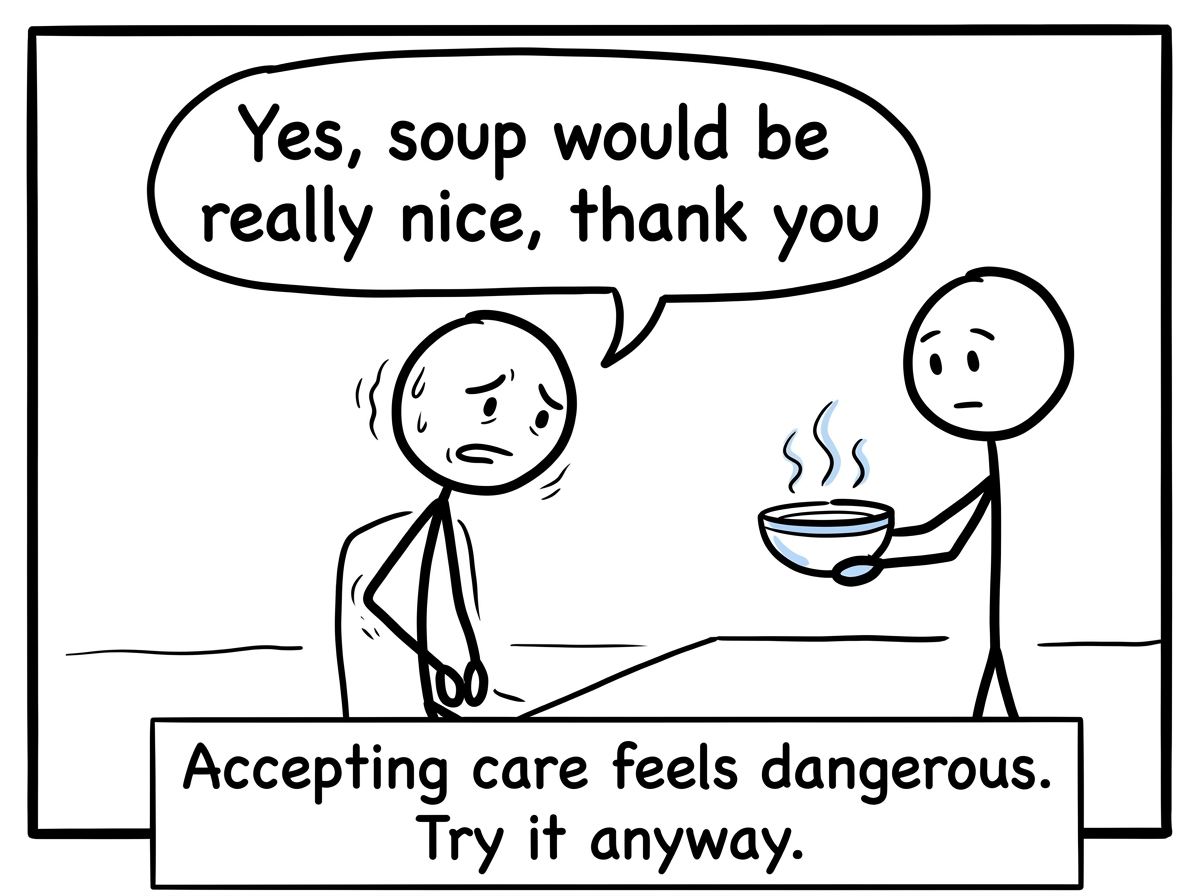 The stick figure saying 'Yes, soup would be really nice, thank you' while looking deeply uncomfortable but trying