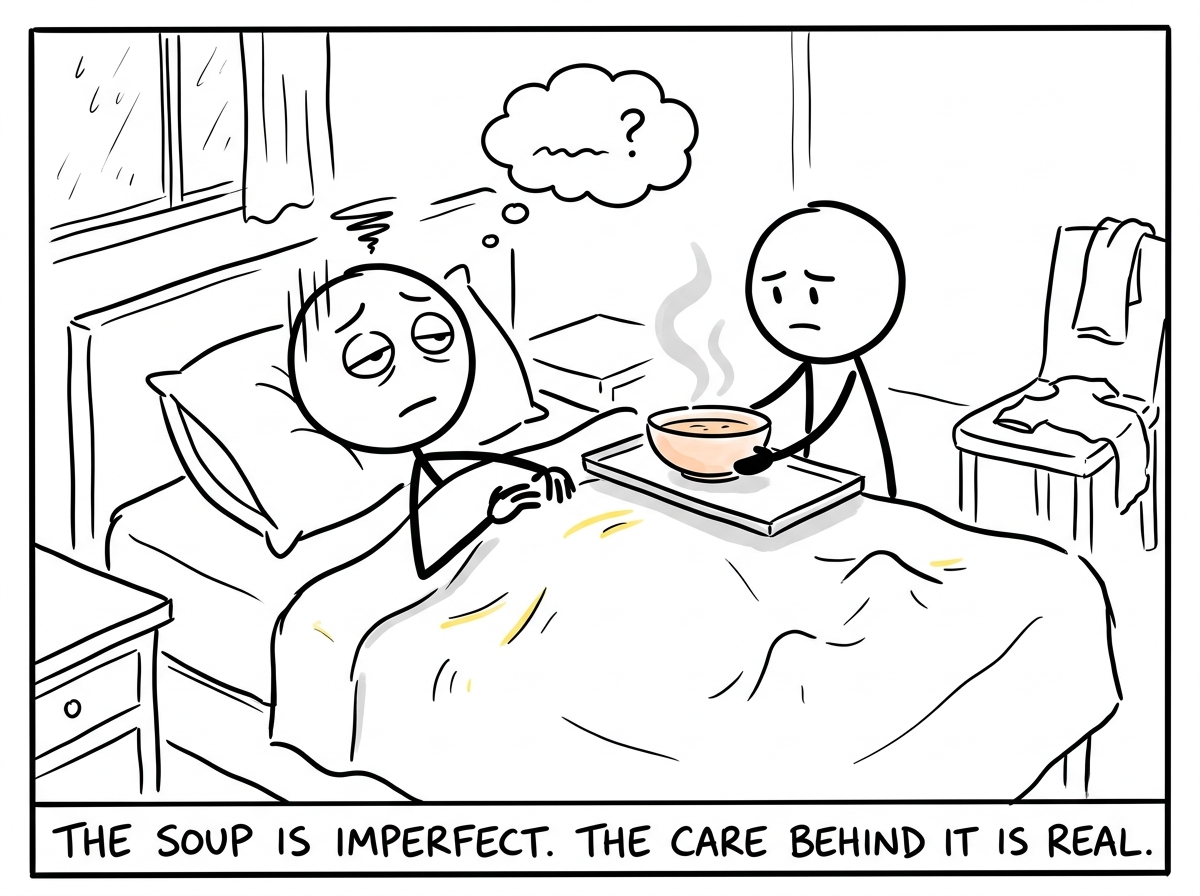 The stick figure in bed being brought soup, letting themselves be taken care of, discomfort visible but present