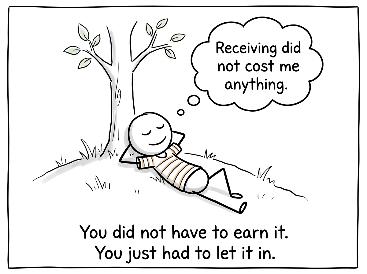 The stick figure resting, genuinely resting, with a small realization: 'Receiving did not cost me anything'