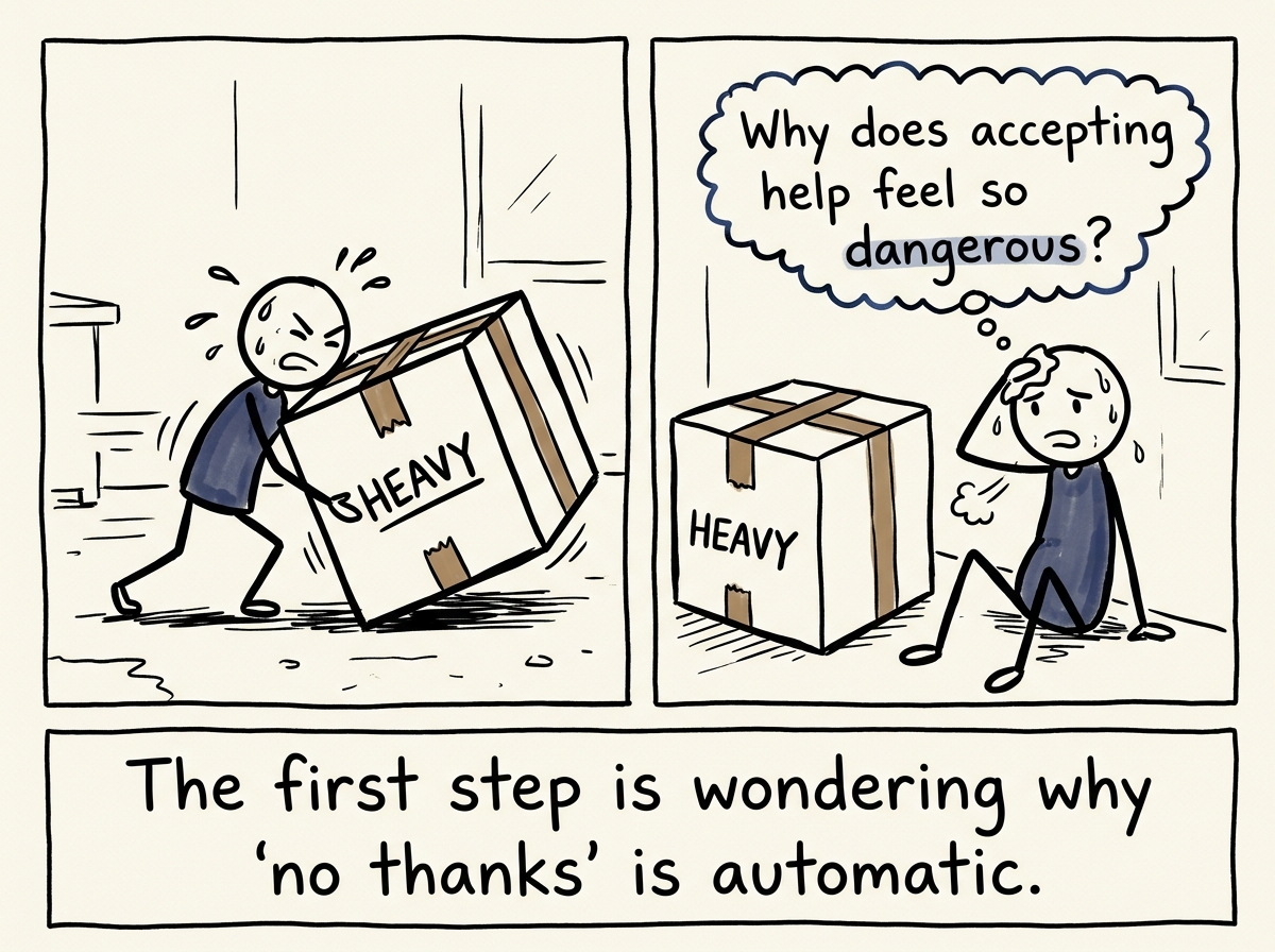 A stick figure struggling alone with a heavy box, then pausing and thinking 'Why does accepting help feel so dangerous?'