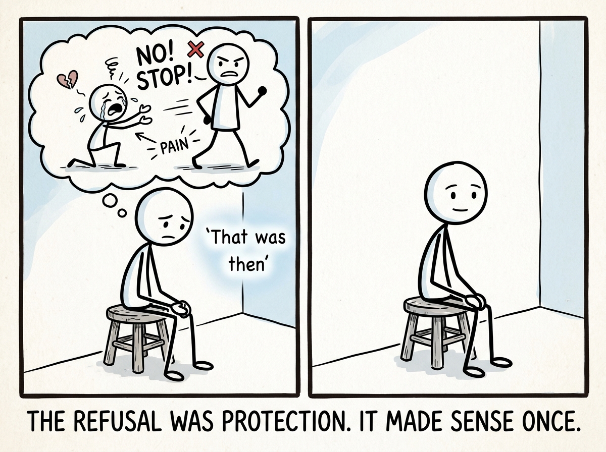 The stick figure sitting quietly, remembering a time when asking for help led to pain, with a gentle thought: 'That was then'