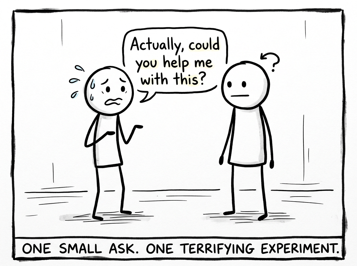 The stick figure nervously saying 'Actually, could you help me with this?' to a friend, sweating but trying