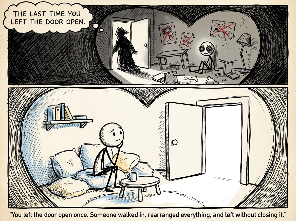 A stick figure sits inside a large heart-shaped room that represents their emotional interior. The room is cozy but the door is wide open. A flashback shows a shadowy figure walking through that open door and leaving destruction behind -- knocked-over furniture, torn photos, a broken lamp. The stick figure sits amid the wreckage looking stunned. A label reads 'The last time you left the door open.'
