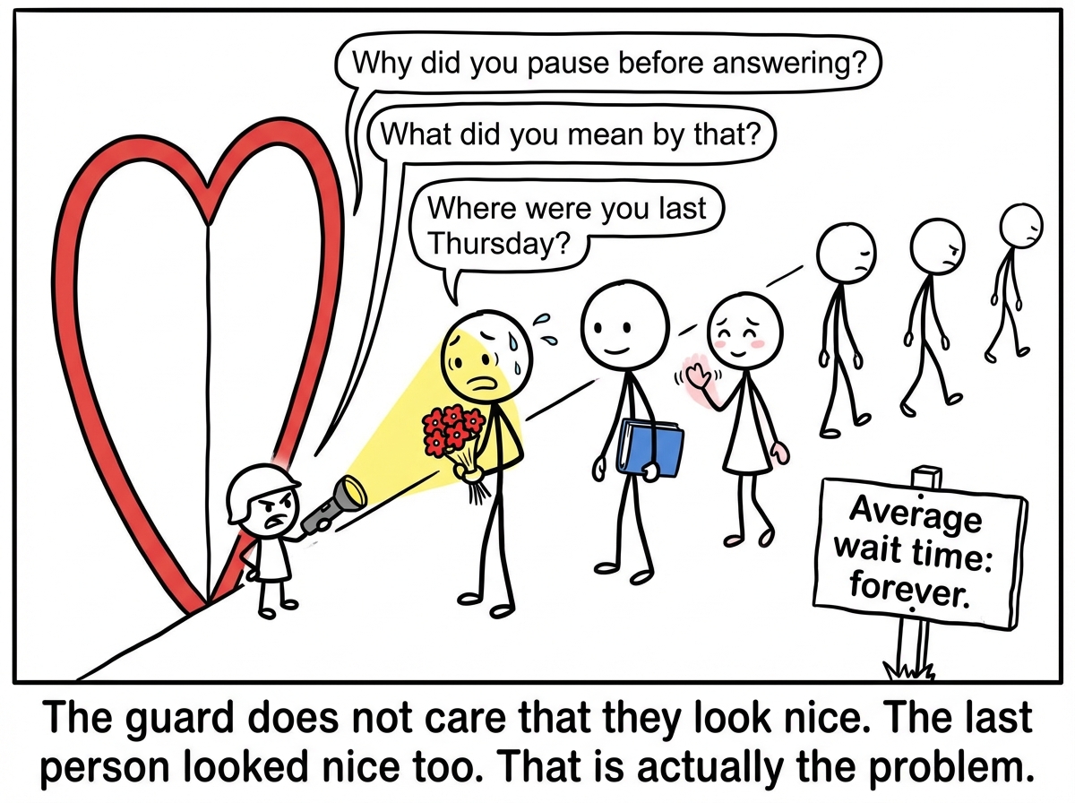 A line of stick figures waits outside the heart-shaped door. They look friendly and harmless -- one holds flowers, another carries a book, a third waves shyly. But the tiny guard is interrogating the first person in line with the flashlight pointed directly at their face, asking 'Why did you pause before answering? What did you mean by that? Where were you last Thursday?' The friendly visitor looks bewildered and slightly frightened. Several other visitors have already walked away. A sign reads 'Average wait time: forever.'