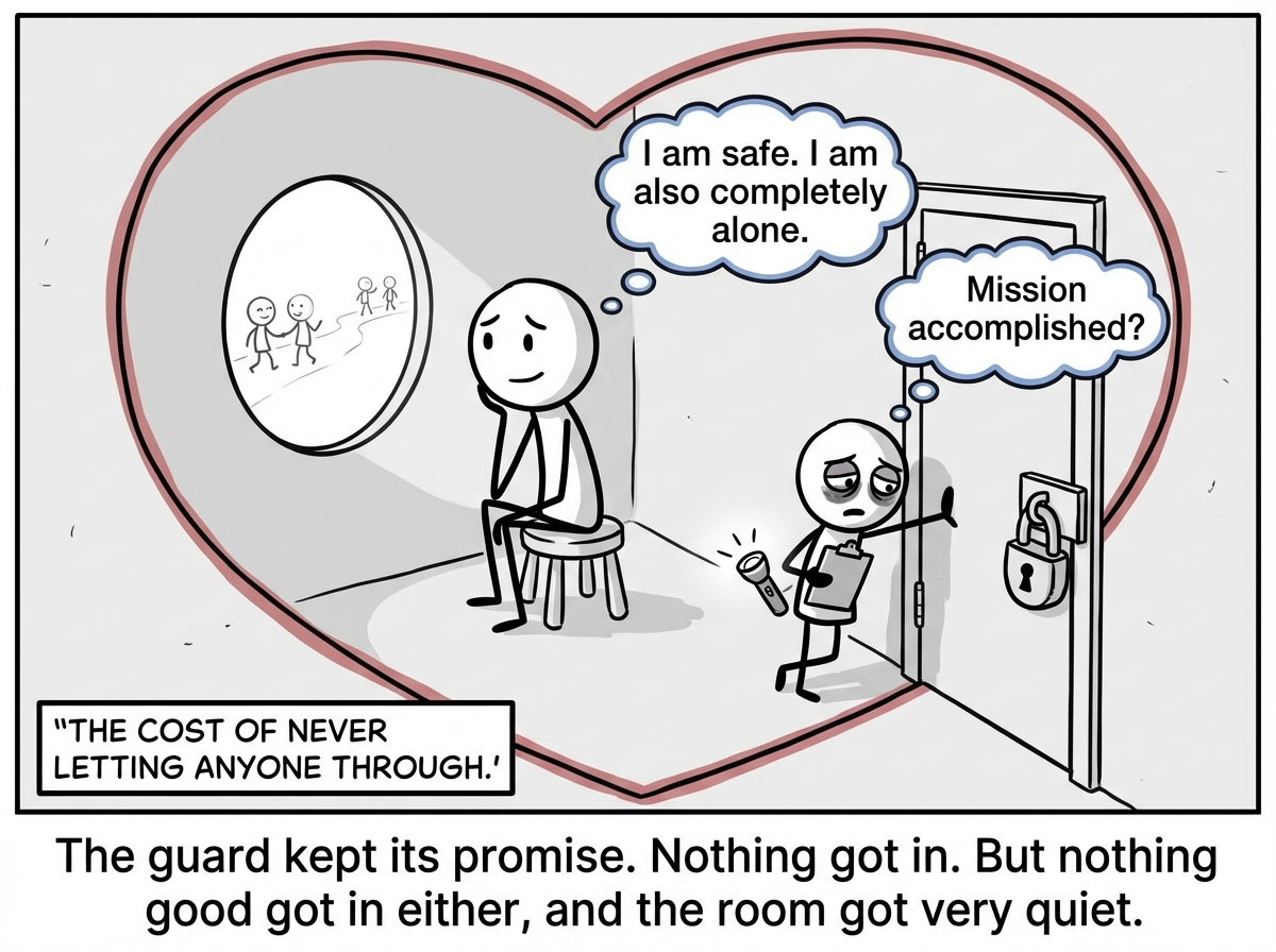 The stick figure sits inside the now-empty heart room, safe but alone. The tiny guard stands at the sealed door, exhausted, dark circles under its eyes, still clutching the flashlight and clipboard. Through a small window, the stick figure can see kind people walking away in the distance. The figure's thought bubble reads 'I am safe. I am also completely alone.' The guard's thought bubble reads 'Mission accomplished?' with a question mark. A label reads 'The cost of never letting anyone through.'