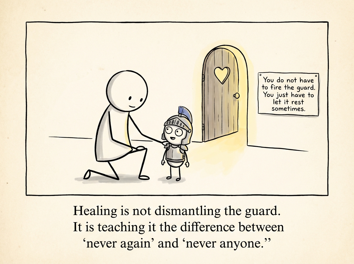 The stick figure kneels beside the tiny guard and puts a gentle hand on its shoulder. The guard looks up, surprised but relieved. The heart-shaped door is slightly ajar -- not wide open, but cracked enough for light to come through. A small sign reads 'You do not have to fire the guard. You just have to let it rest sometimes.'