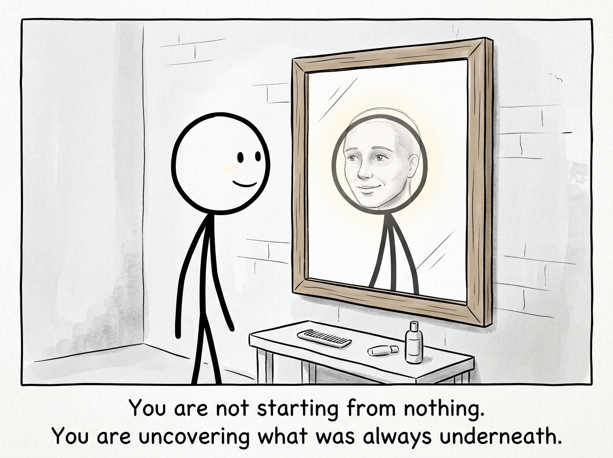 The stick figure looking in the mirror and seeing a faint but real outline of their own face forming, with a small hopeful smile