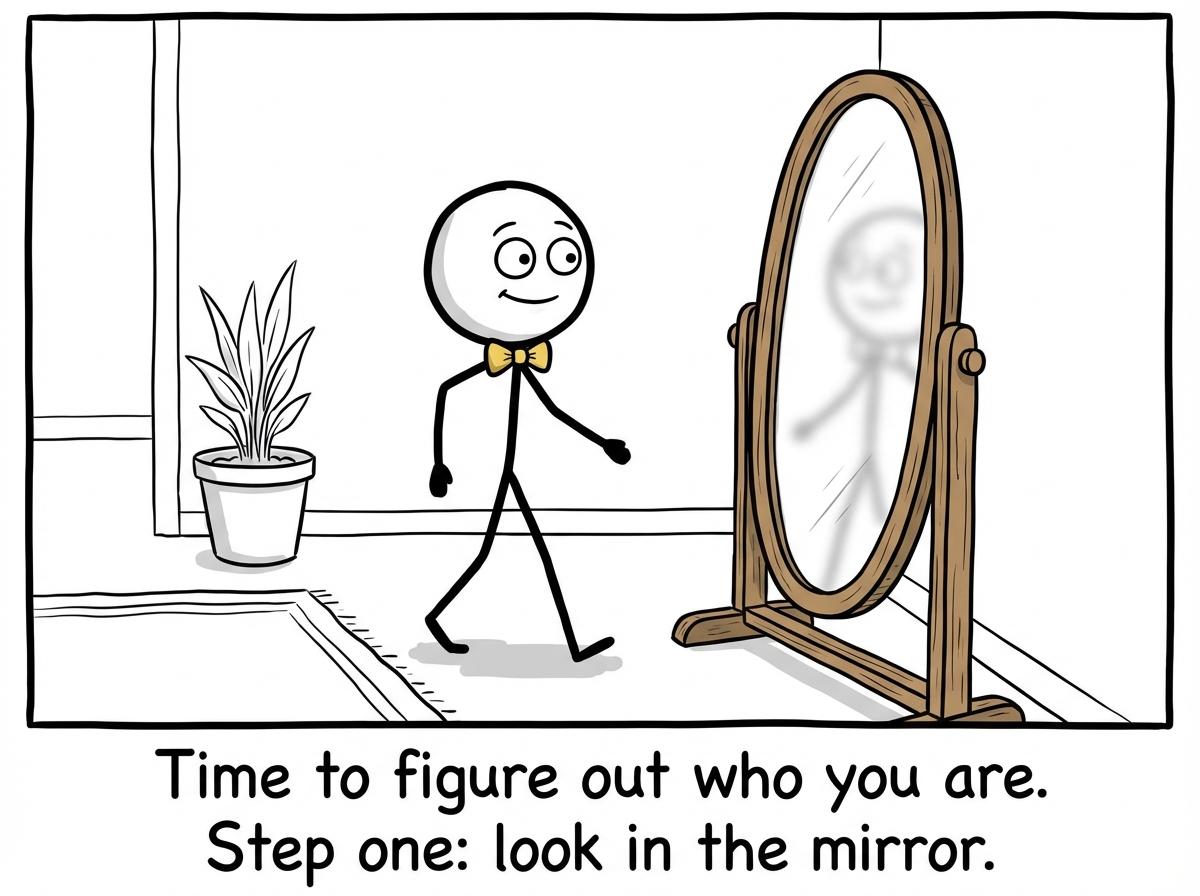 A stick figure walking up to a full-length mirror with a hopeful expression, about to look at their reflection