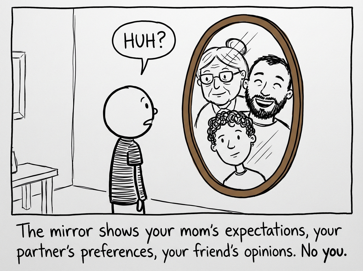 The stick figure looking into the mirror, but instead of their own face, the reflection shows a collage of other people's faces -- a parent, a partner, a friend -- overlapping where the stick figure's face should be