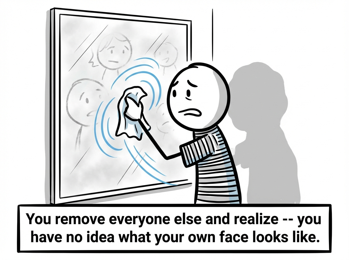 The stick figure wiping the mirror frantically, trying to clear the other faces away, but behind them there is only a blurry, undefined shape where their own reflection should be