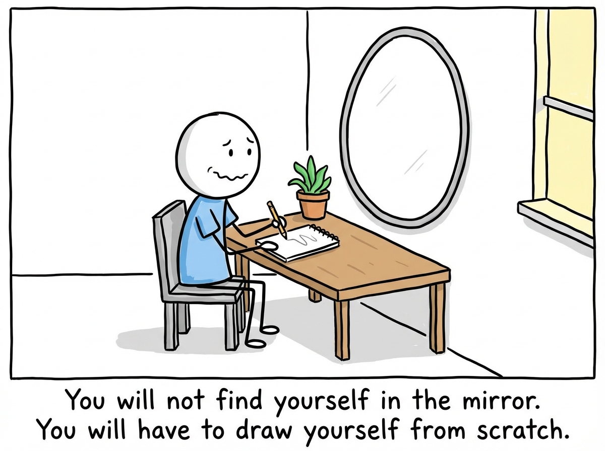 The stick figure sitting in front of the blank mirror with a sketchpad, slowly and tentatively beginning to draw their own face for the first time, with a small uncertain smile