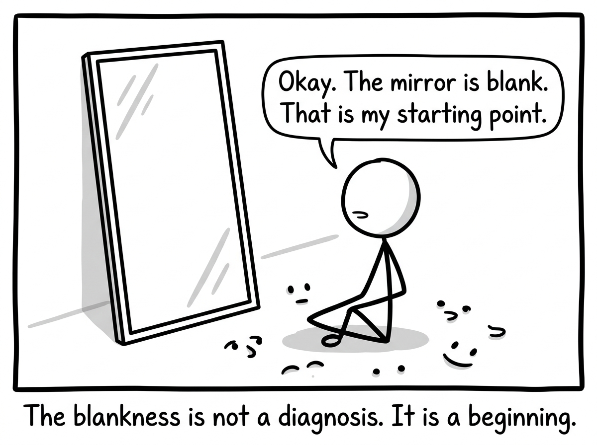 A stick figure standing in front of the blank mirror after removing everyone else's faces. Instead of panicking, they sit down and say 'Okay. The mirror is blank. That is my starting point'