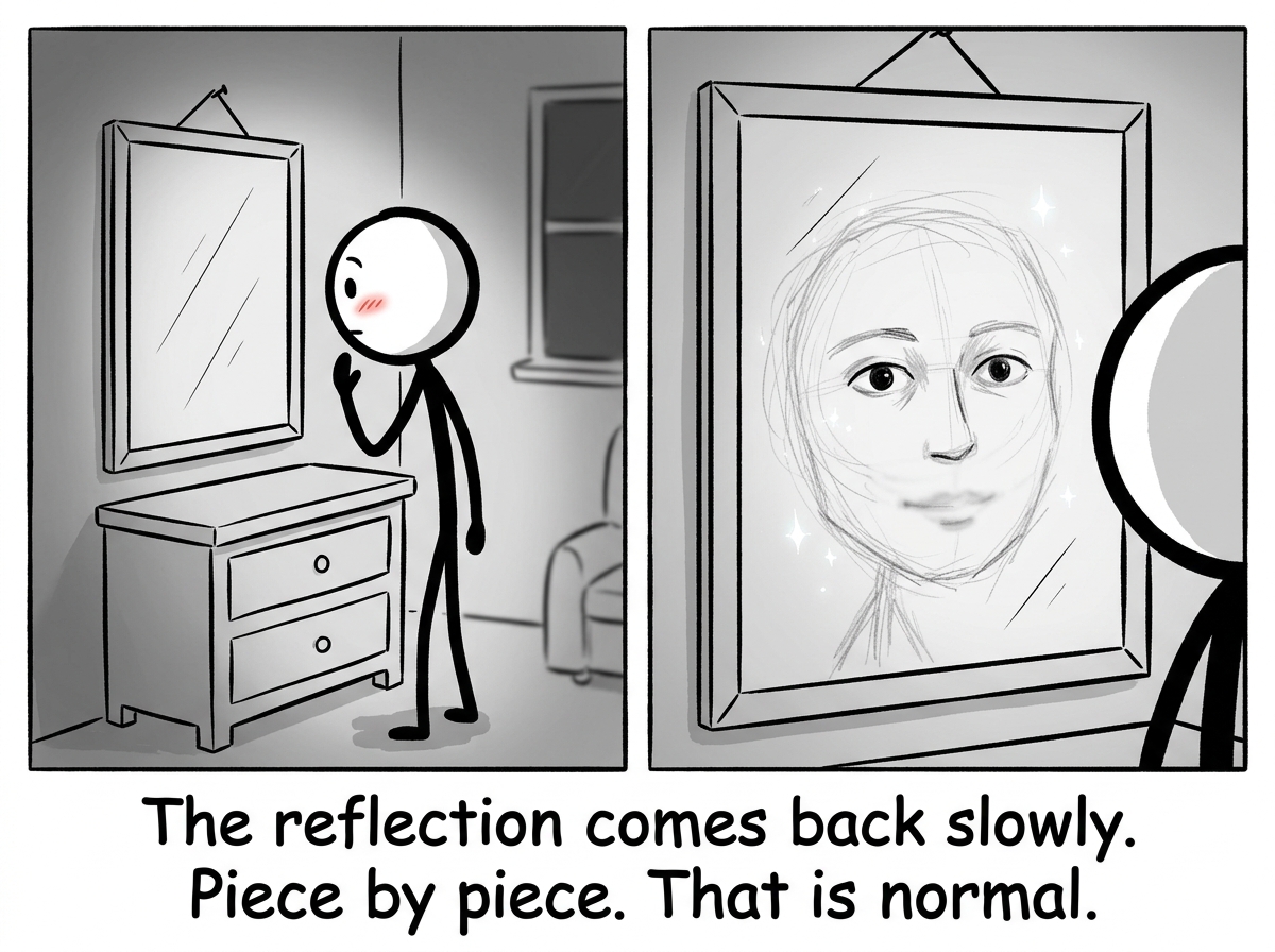 The stick figure looking in the mirror and seeing a faint rough sketch of their own face forming -- imperfect but real. Some features are clear, others still blurry