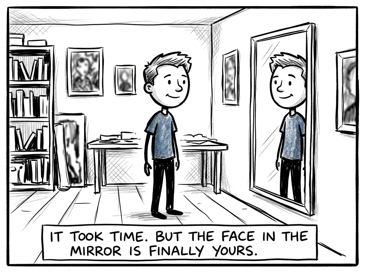 The stick figure standing in front of the mirror with a recognizable face -- their own. It is not perfect or polished. Other people's faces are gone. A small smile