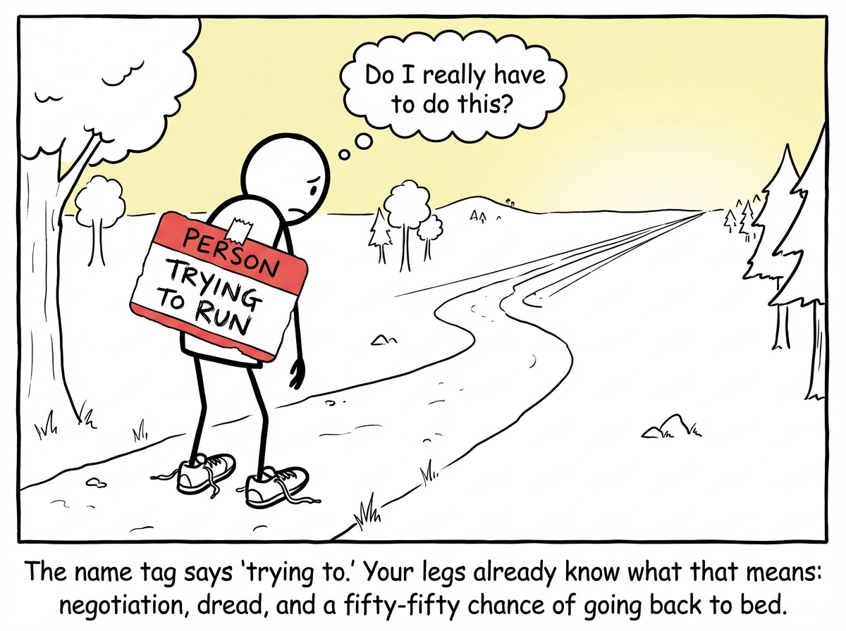 A stick figure standing at the start of a running trail in the early morning, wearing a large adhesive name tag on their chest that reads 'PERSON TRYING TO RUN' in messy handwriting. Their posture is hunched, their expression reluctant, and their running shoes are untied. A thought bubble above their head reads 'Do I really have to do this?' The trail ahead looks impossibly long, stretching to the horizon with exaggerated perspective.