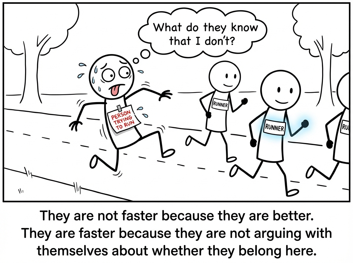 The stick figure is mid-jog but clearly struggling -- arms flailing, tongue out, legs wobbling. The 'PERSON TRYING TO RUN' name tag is peeling off slightly from the sweat. Other stick figures jog past effortlessly, each wearing name tags that simply read 'RUNNER.' The struggling figure looks at them with envy and confusion, a thought bubble reading 'What do they know that I don't?' One passing runner's name tag glows faintly as if it is the source of their ease.