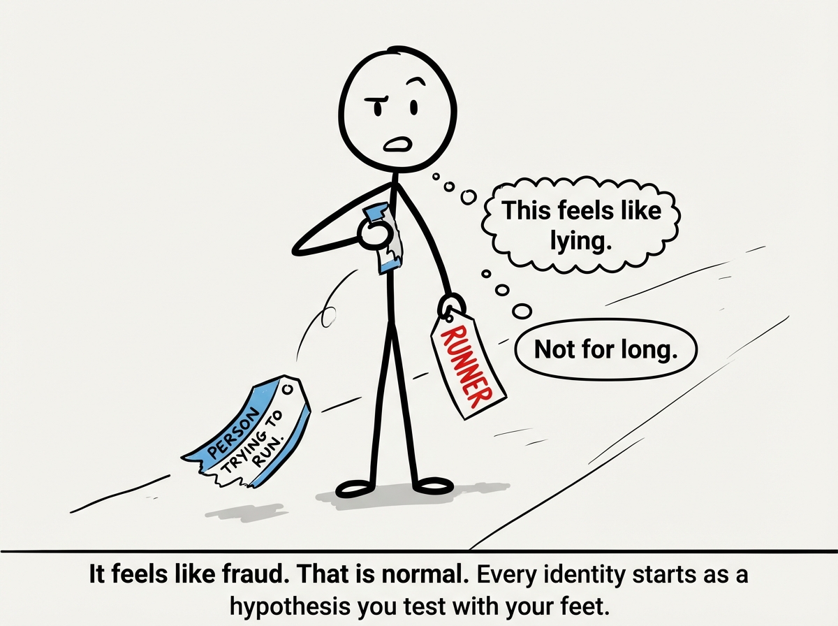 The stick figure has stopped running and is standing still, peeling off the old name tag that reads 'PERSON TRYING TO RUN.' In their other hand they hold a fresh, clean name tag that reads simply 'RUNNER' in bold, confident letters. Their expression is a mix of skepticism and tentative hope -- one eyebrow raised, mouth slightly open. The old name tag flutters to the ground. A small internal voice caption near their chest reads 'This feels like lying.' Another voice responds 'Not for long.'