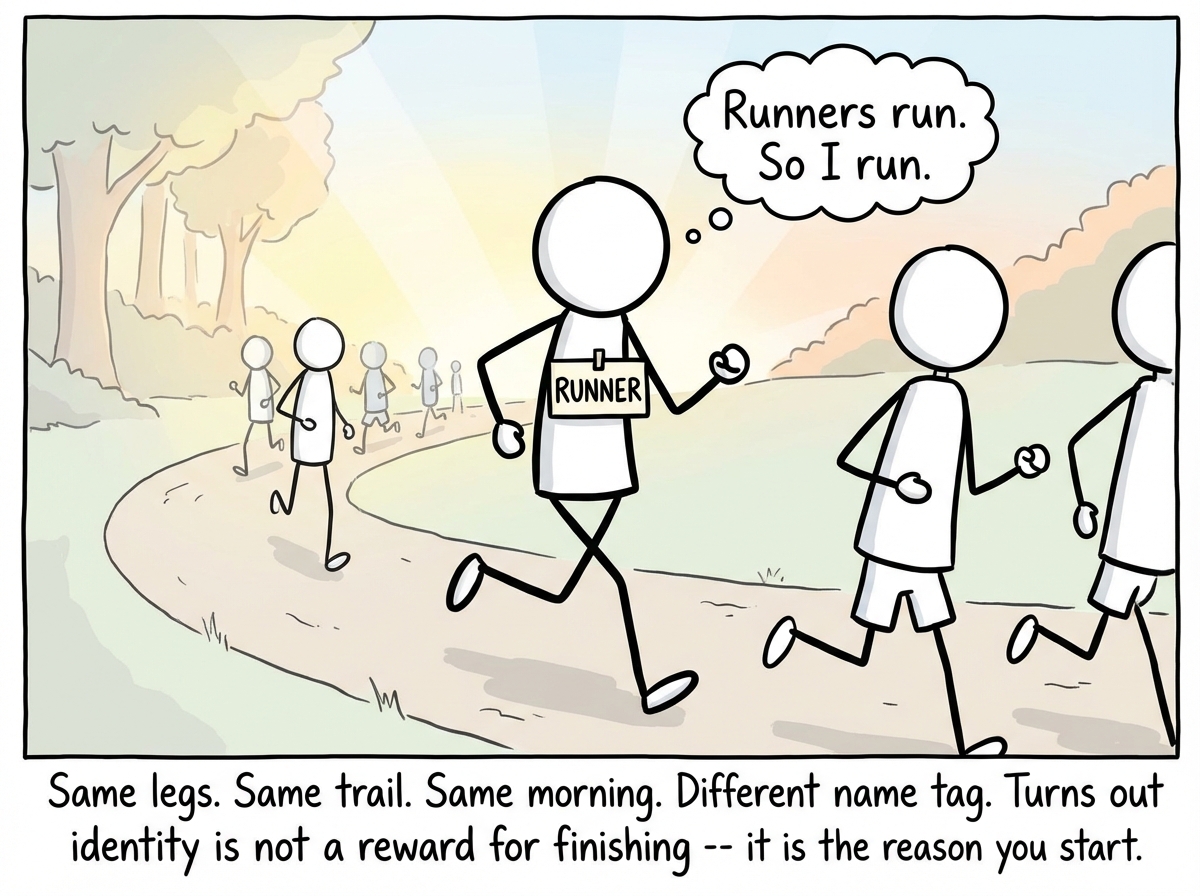 The stick figure is now running with a completely different posture -- upright, relaxed, arms swinging naturally, a calm and focused expression. The 'RUNNER' name tag sits firmly on their chest. The trail that looked impossibly long in panel one now has a gentle, manageable curve. The figure's thought bubble reads 'Runners run. So I run.' The other runners are no longer ahead of them but alongside, all part of the same group. Morning light washes over the scene.