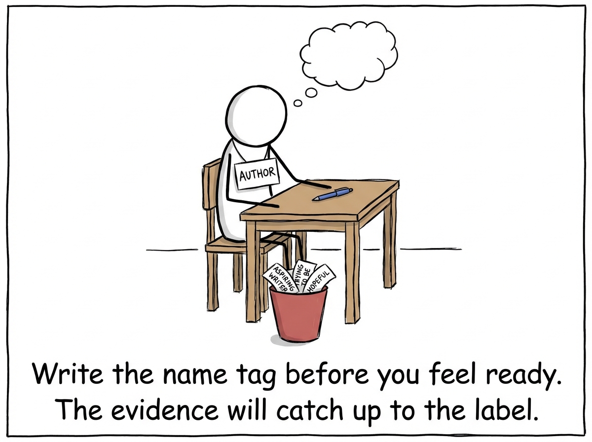 A stick figure writing a new name tag at a desk, choosing an identity they want to grow into rather than one they think they have already earned, with a small pile of discarded 'trying to' tags in the wastebasket.