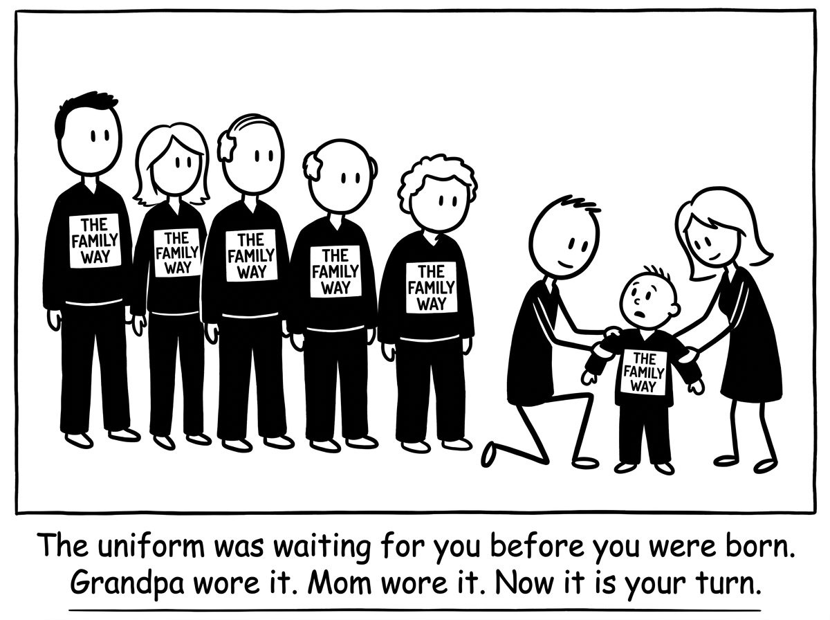 A line of stick figure family members across generations, all wearing the same uniform labeled 'THE FAMILY WAY,' with the youngest one being fitted into the uniform as a child by their parents
