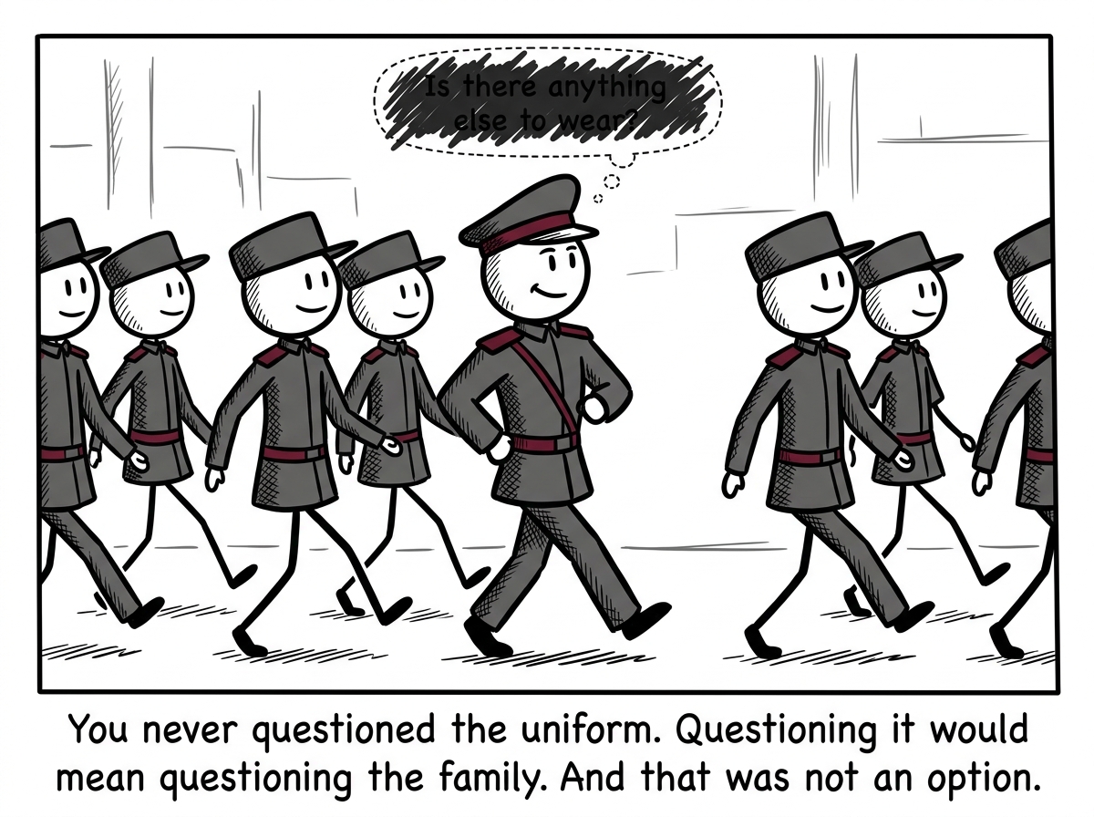 The stick figure grown up, marching in step with the family line, wearing the uniform confidently, while a tiny thought bubble asks 'Is there anything else to wear?' -- immediately suppressed