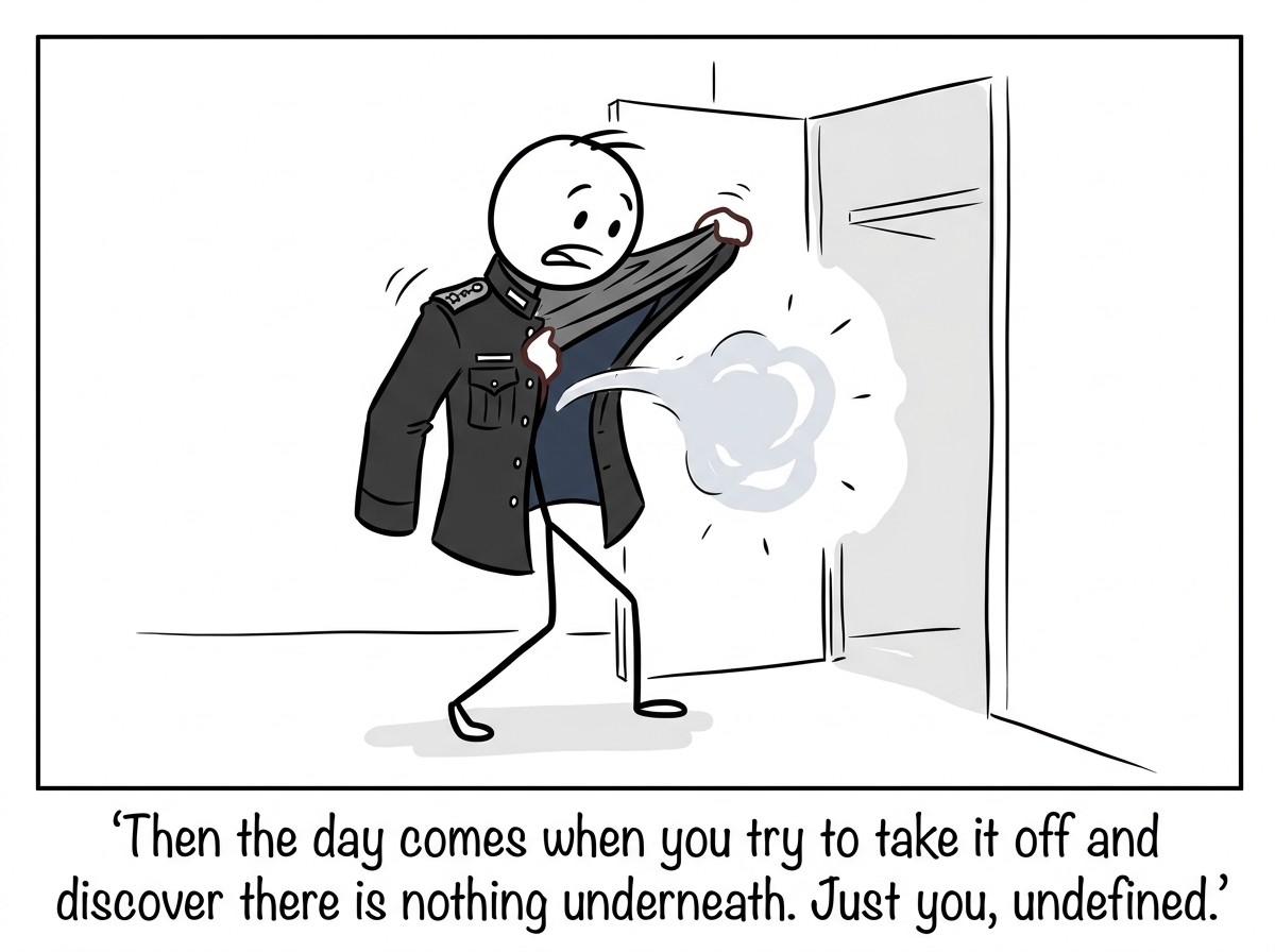 The stick figure tugging at the collar of the uniform, trying to take it off, but finding that underneath there are no other clothes -- just bare, undefined space where their own identity should be