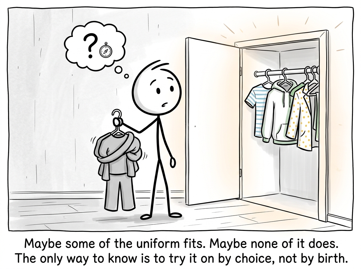 The stick figure standing in front of a closet of different options for the first time, still holding the family uniform in one hand, looking overwhelmed but curious at the possibilities