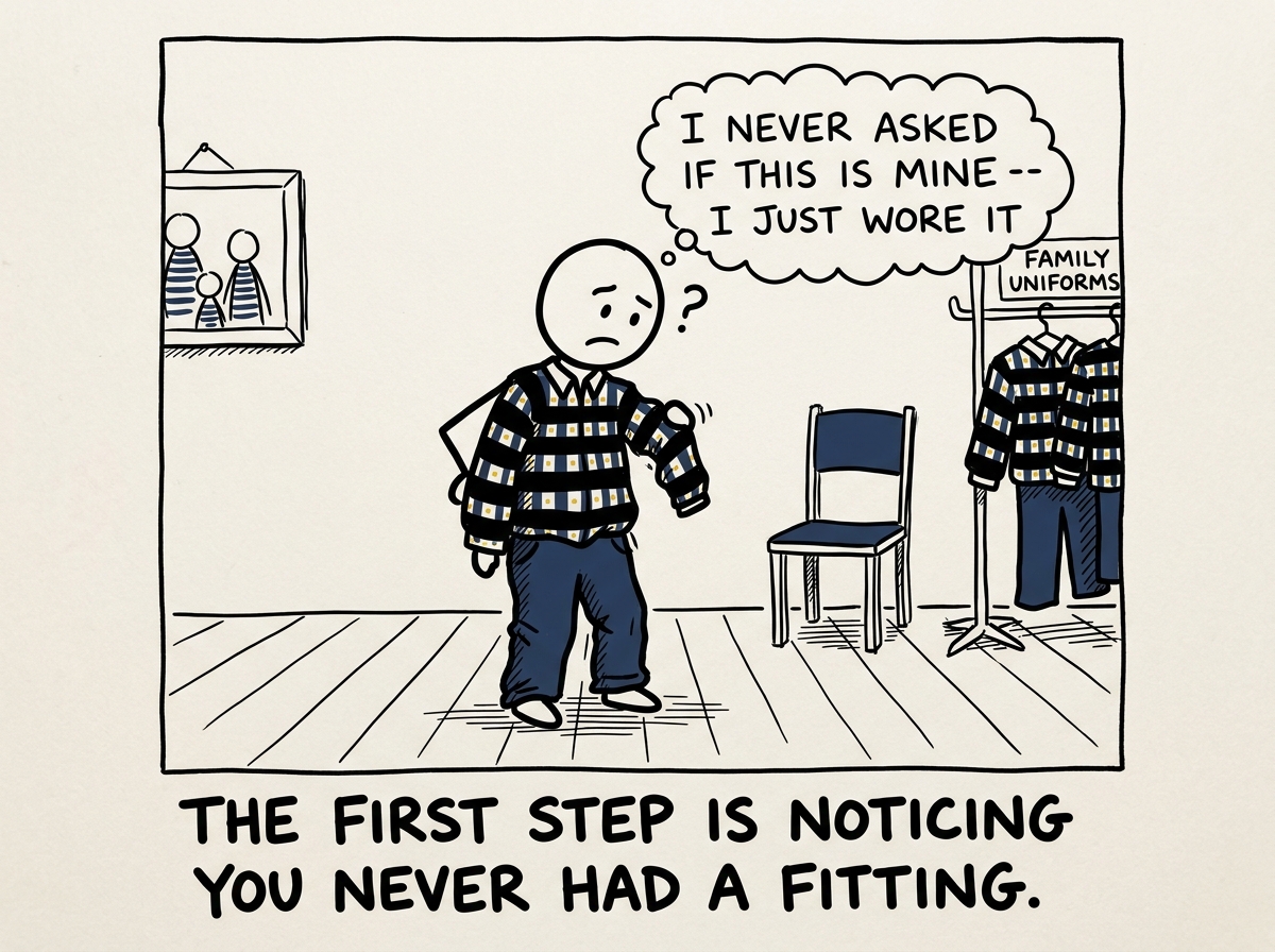 A stick figure looking at the family uniform they are wearing and thinking 'I never asked if this is mine -- I just wore it'