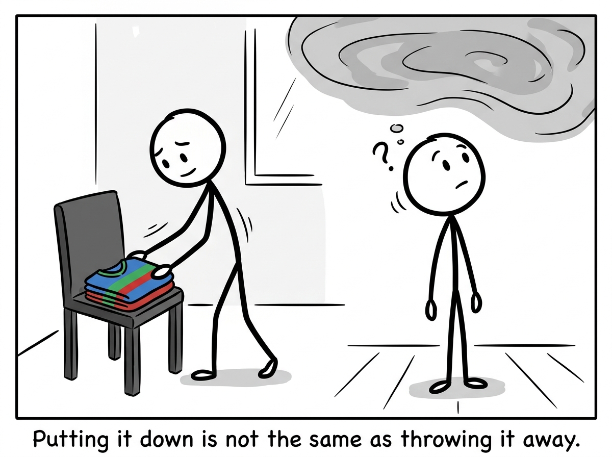 The stick figure gently setting the family uniform on a chair, not throwing it away, and standing in the undefined space underneath with curiosity instead of panic