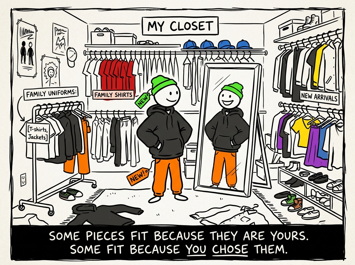 The stick figure trying on different pieces of clothing from the closet -- some from the family uniform, some entirely new -- mixing and matching in front of a mirror