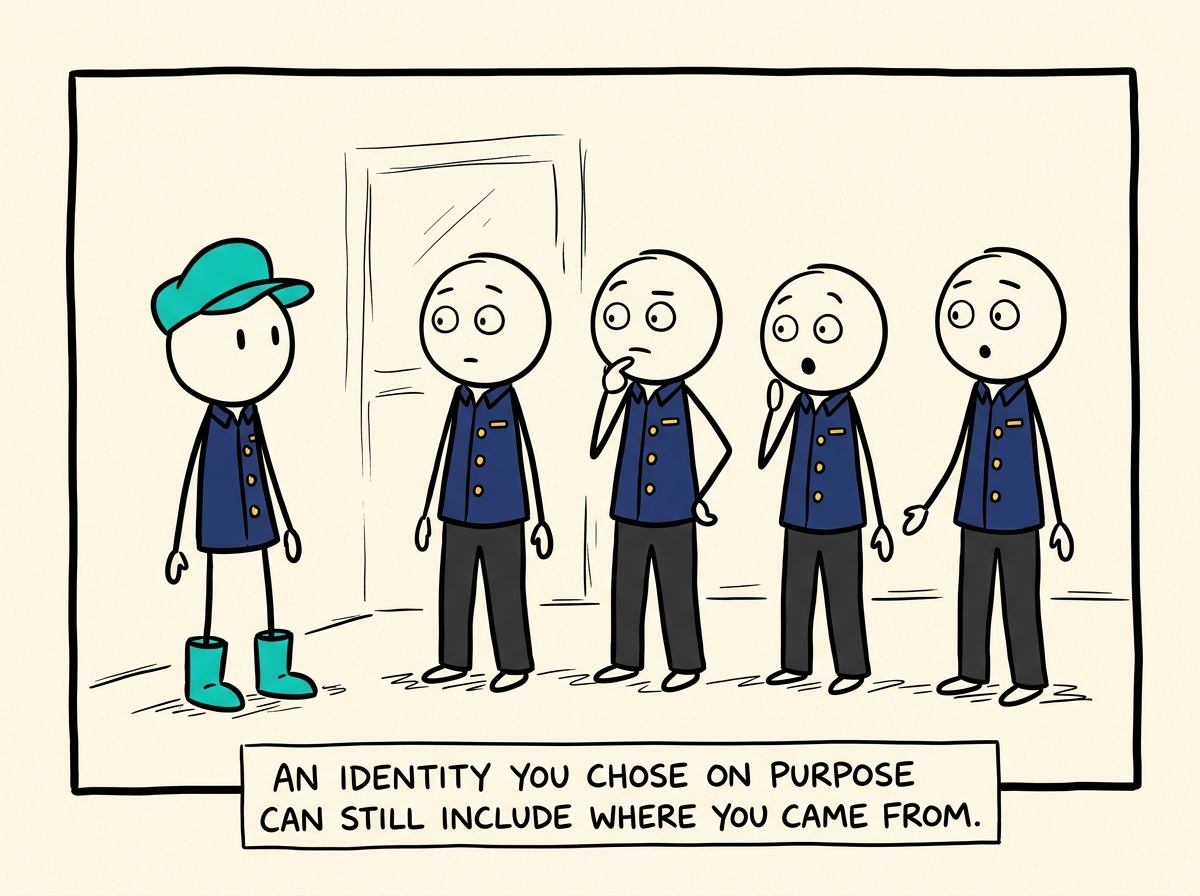 The stick figure wearing a new outfit that includes a few pieces from the family uniform and a few that are entirely their own, standing with the family who look surprised but accepting