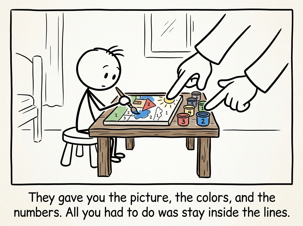 A stick figure as a child, sitting at a table with a paint-by-numbers canvas, while adult hands point at which colors to use and where to paint, the child obediently filling in the spaces