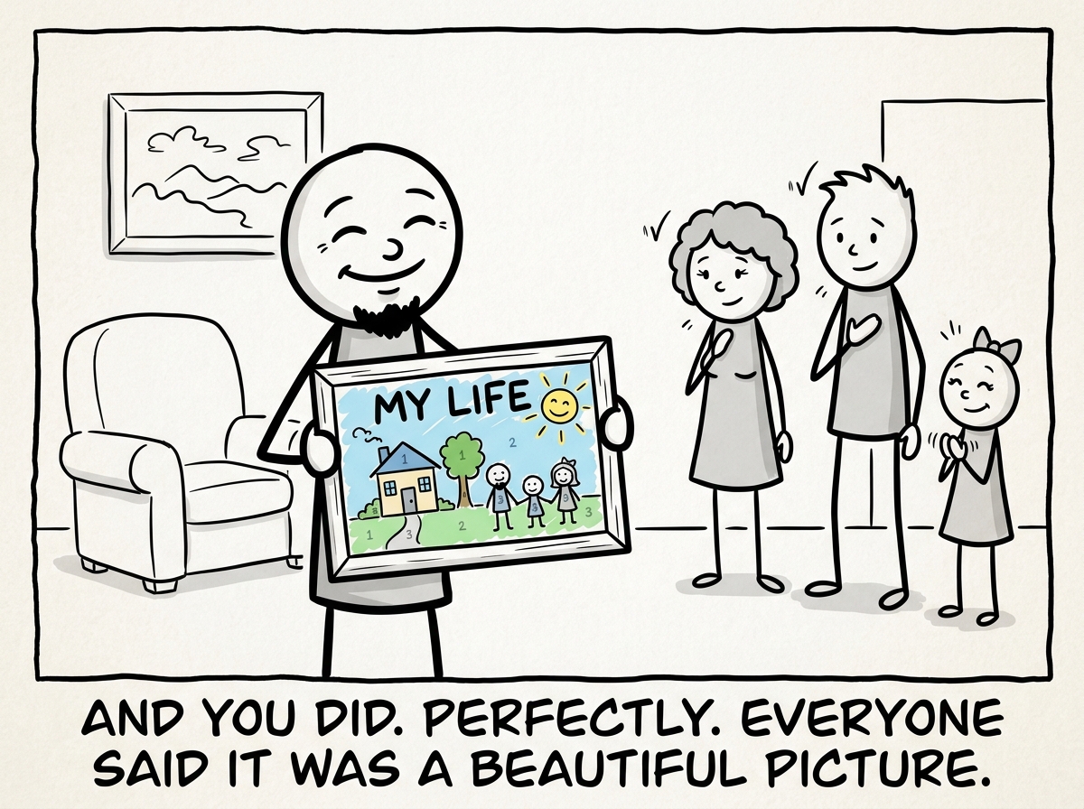 The stick figure now grown up, proudly holding up the completed paint-by-numbers picture -- a neat, recognizable image labeled 'MY LIFE' -- while family members nod approvingly in the background