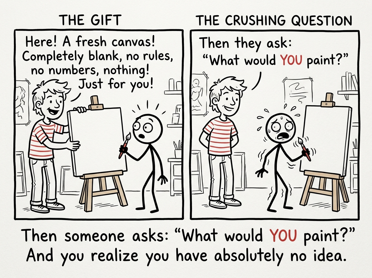 Someone handing the stick figure a blank canvas with no lines, no numbers, and no instructions, while the stick figure stares at it in frozen panic, brush trembling in their hand