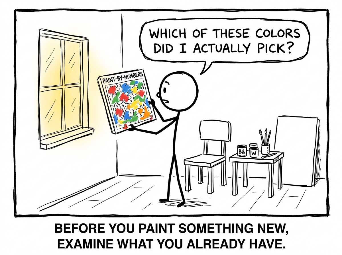 A stick figure holding the completed paint-by-numbers picture up to the light and asking 'Which of these colors did I actually pick?'