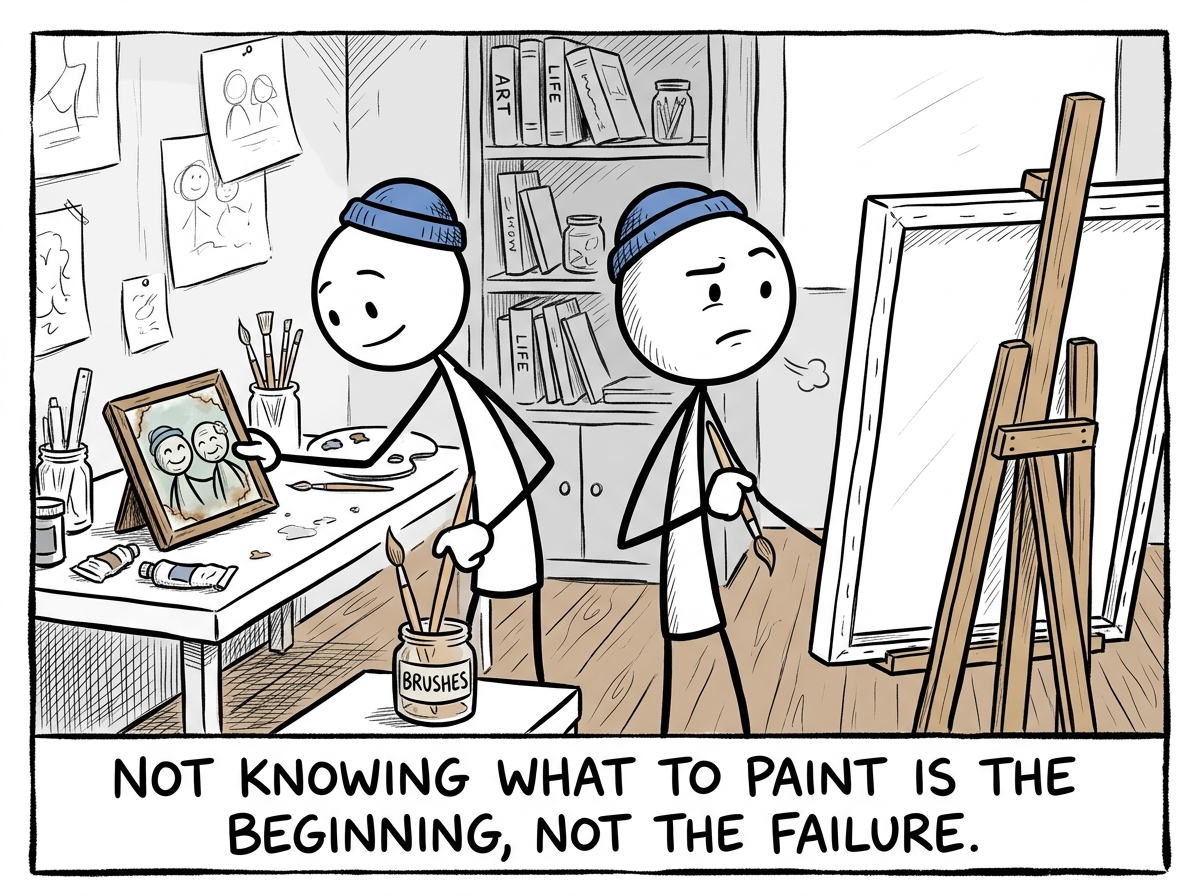 The stick figure setting down the old picture gently and picking up a single brush, looking at the blank canvas not with panic but with honest uncertainty