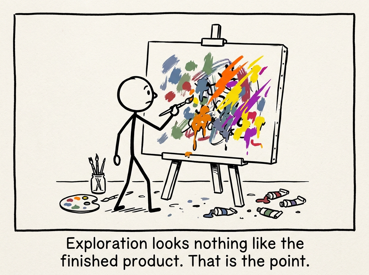 The stick figure making small experimental strokes on the blank canvas -- some colors from the old picture, some brand new -- the result messy but alive